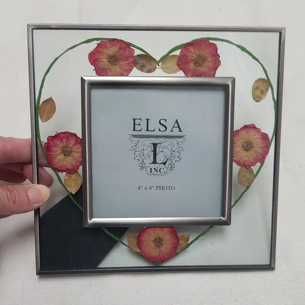 Silver and Pressed Floral Heart Theme Photo Frame, Desk Frame
